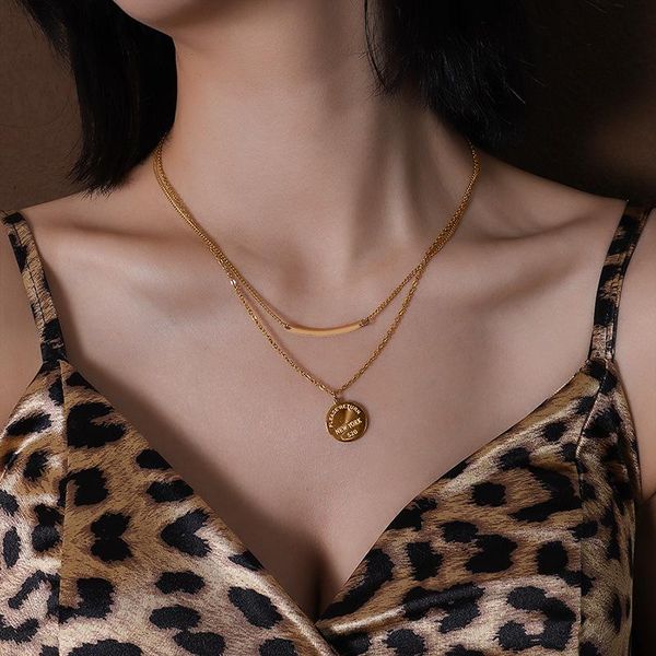 

chains stainless steel multilayer necklace female bamboo link chain round lettering tag smile pendant titanium jewelry girls gift, Silver