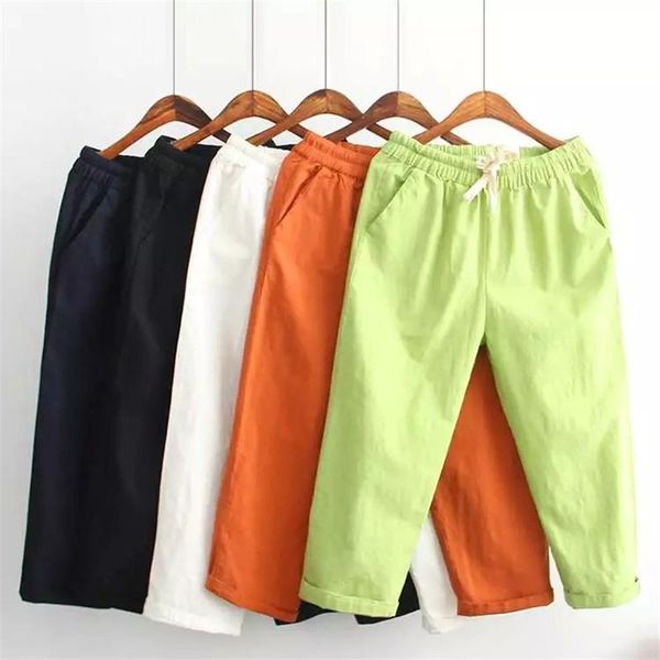 

women's pants & capris summer women elastic waist cotton and linen loose plus size 4xl cropped candy colors casual, Black;white