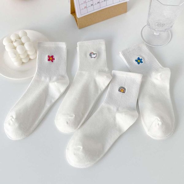 

embroidered white pattern small cotton stockings women, Black;white