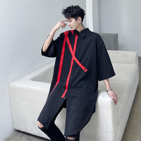 

men's casual shirts male long dress summer ribbon splice short sleeve loose oversize streetwear hip hop gothic vintage shirt, White;black