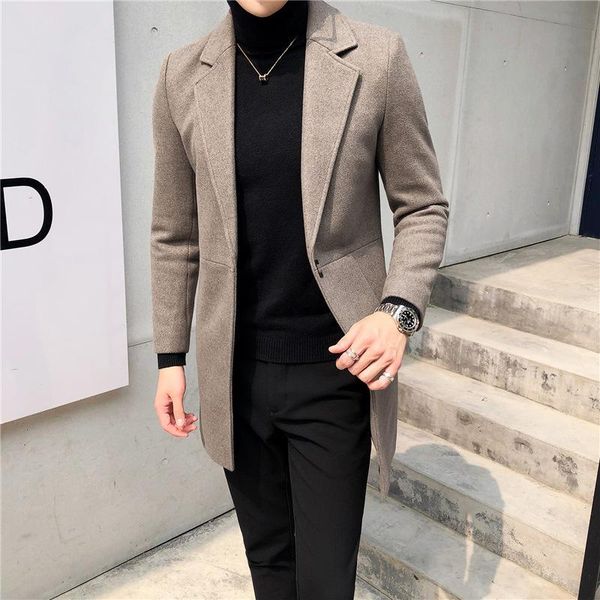 

coat men's autumn and winter season youth middle and long slim woollen woollen fabrics korean casual coat trend, Black