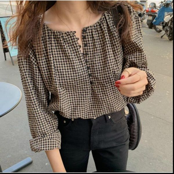 

women spring long sleeve round collar small plaid blouse with buttons casual shirt loose short, White