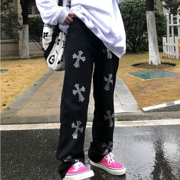 

hearts/chrome shorts crosin american hiphop hip hop pants women's loose 2021 new fashion brand cross print sports casual straight pants, Black;white