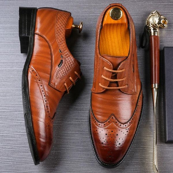 

dress shoes large block men leather business suits carved pointed summer trend british leisure, Black