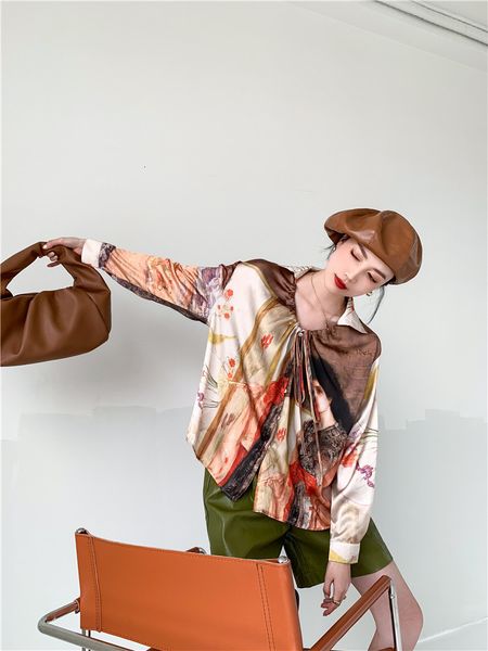 

new vintage oil painting long sleeve satin blouse women tie neck button up collar shirt spring 2021 fashion clothing azoy, White