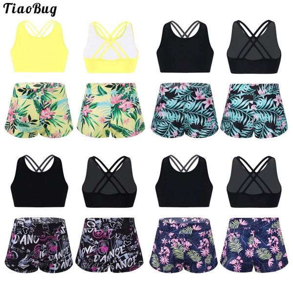 

one-pieces tiaobug summer 2pcs kids girls swimming suit u neck spaghetti straps cropped flower print shorts set pool bathing swimwear, Black