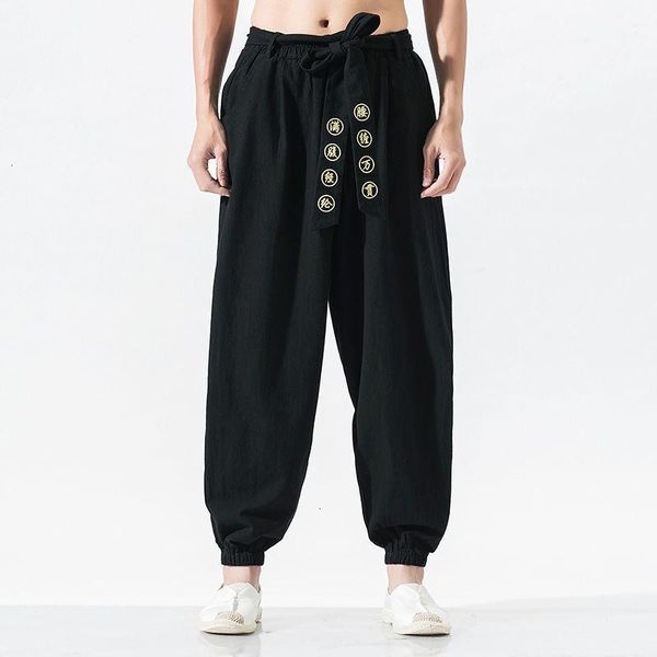 

neploha men's casual oversize pants 2021 fashion man chinese style loose trousers embroidered harem black pants