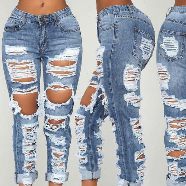

hole boyfriend jeans women high waist elastic ripped mom jeans streetwear slim denim pencil pants ladies skinny trouser, Blue