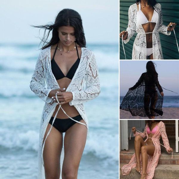 

womens cover up cardigan coat long sleeve lace up solid color sheer lace floral loose shawl beach cardigan fashion summer womens, Black;brown