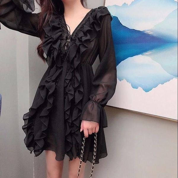 

casual dresses temperament v-neck thin chiffon stitching wood ear lotus leaf edge dress, Black;gray
