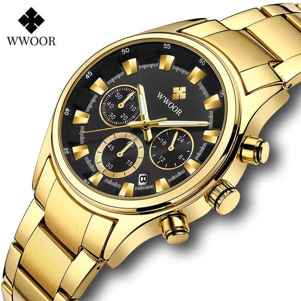 

wwoor business sports quartz watches for men luxury stainless steel gold black fashion waterproof chronograph relogio masculino 210527, Slivery;brown