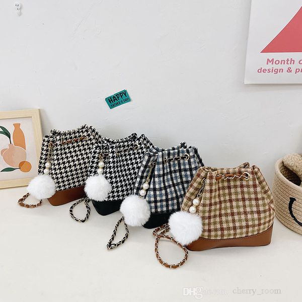 

designer girls handbags autumn/winter 2021 worsted houndstooth large capacity kids bucket bag children cross body bags zero wallet f921, Black