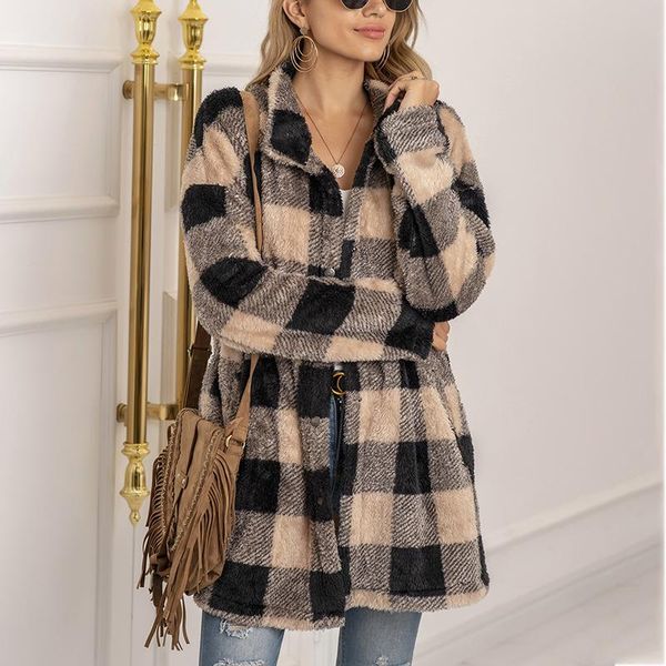 

2021 overcoat plaid winter women coats stylish female thick warm black red jackets pockets outerwear casual girls streetwear xxl, Black;brown