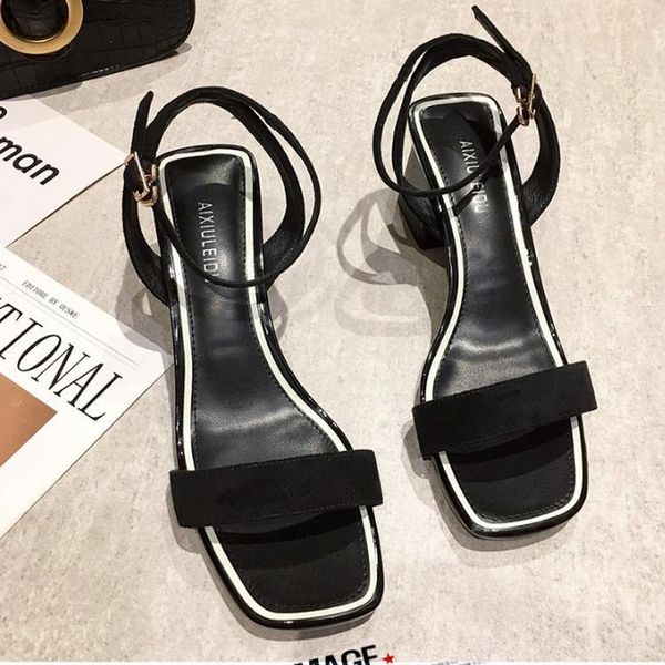 

dress shoes simple generous high-heeled sandals ladies 2021 summer word with open-toed french square heel women's, Black
