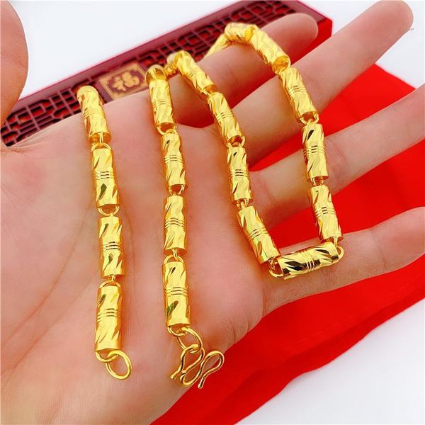 

chains carved cylindrical chain solid copper 18k gold necklace mens bamboo joint hip hop cool jewelry gift, Silver
