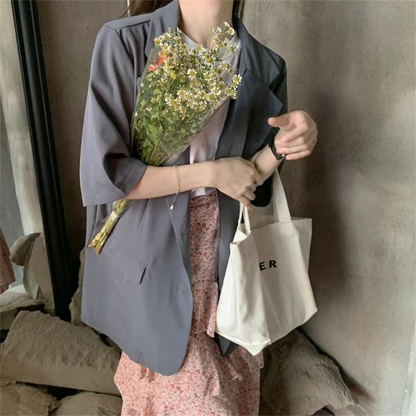 

women's suits & blazers hzirip 2021 all match summer thin minimalist short sleeve pure color jackets cotton linen coat loose, White;black