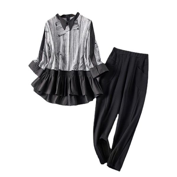 

women's two piece pants women sets long sleeve turn down harem suits female spring summer fashion print set suit, White