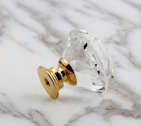 Transparente goldene Basis, 30 mm, zarte Kristallglas-Knäufe, Schrankgriffe, 30 mm Rautenform-Design, Griffe, Schubladenknöpfe, Küchenmöbel, Schrankgriff