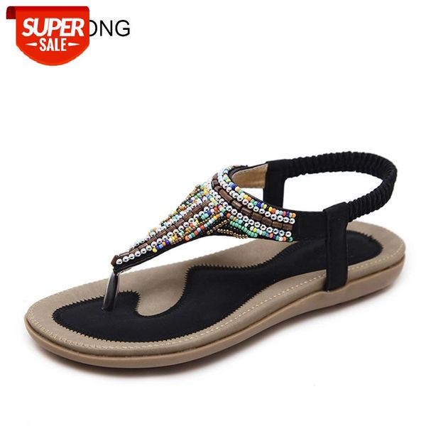 

lcizrong summer women sandals 35-42 size beach bohemia leather sandals non-slip woman flip flop gemstone beaded decoration shoes #1x3a, Black