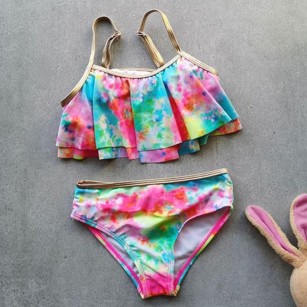 

2-12 years girl swimsuit kids tie dye little girl bikini set flounce two piece children's swimwear girls bathing suit beachwear
