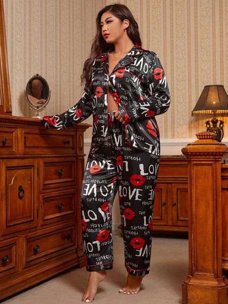 

plus lip and letter graphic contrast piping satin pj set w35p#, Black;white