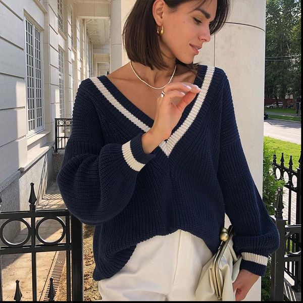 

quevoon casual womens sweaters v neck long sleeve knitted pullovers autumn winter ladies jumpers oversized vintage sweaters, White;black