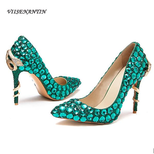 

dress shoes shallow mouth green rhinestone high heels summer metal snake heel pointed stiletto wedding handmade sandals, Black