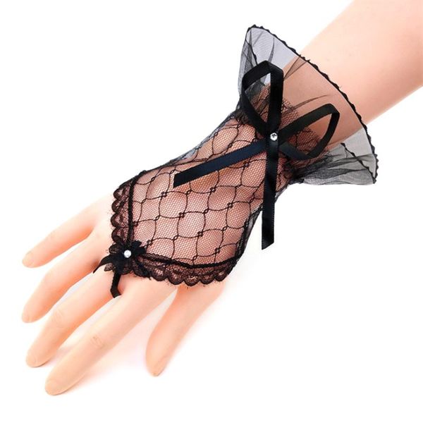 

women bridal wedding short fingerless gloves rhinestone bowknot sheer mesh lace gauze bridesmaids sunscreen hook finger mittens, White