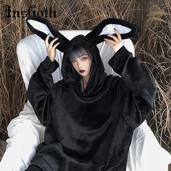 

insgoth oversize balck long hoodies women gothic streetwear loose harajuku hooded sweatshirts rabbit ear hooded velvet pullovers t191118, Black