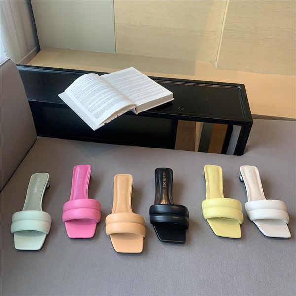 

slippers shoes square heel ladies' women heels pantofle low candy colors block high 2021 scandals pu slides rome basic rubber fa, Black