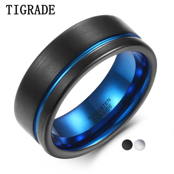 

wedding rings tigrade black and blue 8mm wide mens ring tungsten carbide band with comfort fit line brand anillo hombre, Slivery;golden