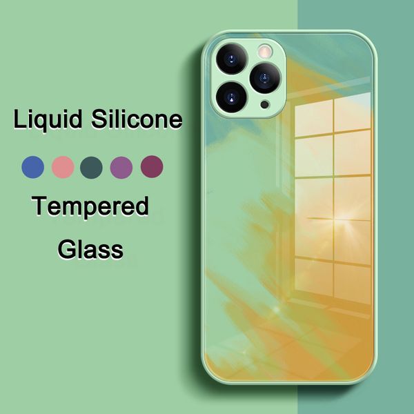 

tempered glass case for iphone 12 mini 11 pro max xs xr se 2020 8 7 6 6s plus watercolor liquid silicone lens protect back shell