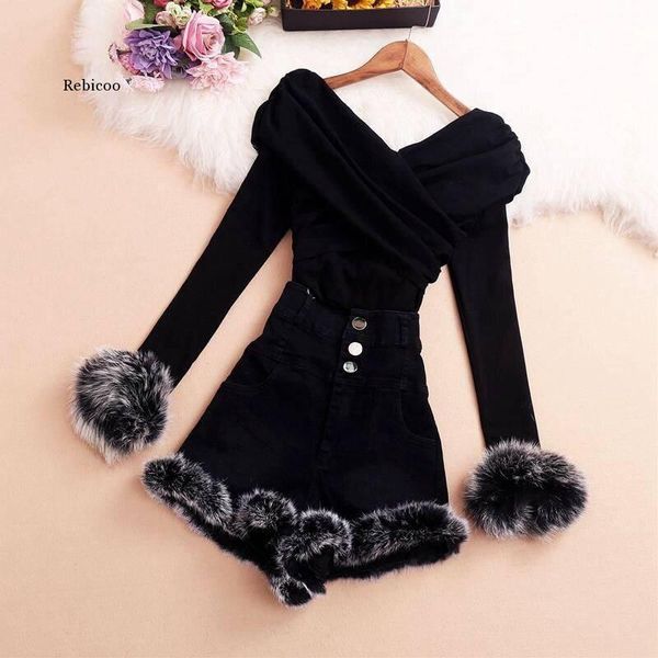 

women's two piece pants autumn winter fashion fur women v neck luxury cashmere blends knitting jumper +pants sets knitted sweaters 2, White