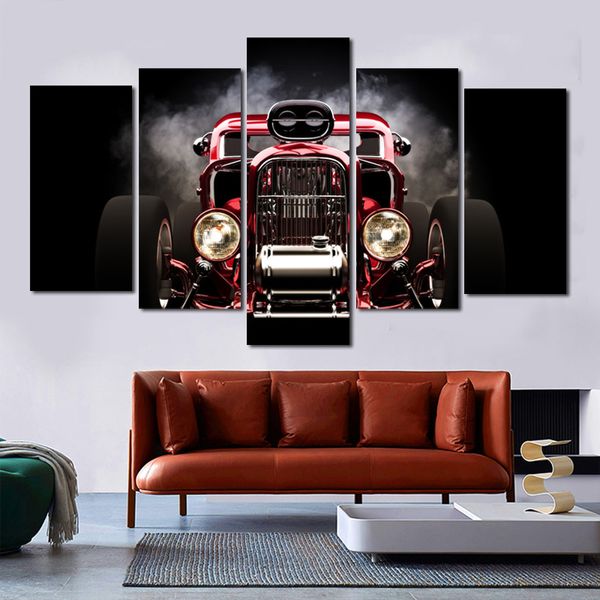 5 Panels/Set, klassisches rotes Auto, Bilder, Leinwand, Malerei, Wandkunst für Wohnzimmer, Poster und Drucke, Heimdekoration