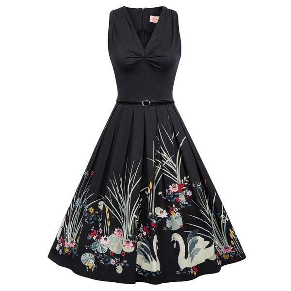 

casual dresses bp retro vintage women's dress sleeveless v-neck cut-out shoulders flared a-line fashion printing high waist, Black;gray