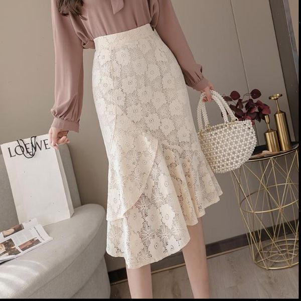 

2020 new summer women korean style irregular ruffles mermaid skirts female mid calf solid high waist package hip skirt z164, Black