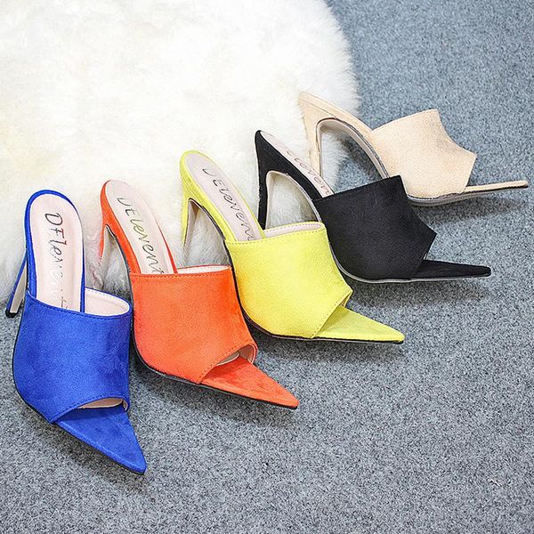 

dress shoes women sandals high heels fish mouth pointed toe summer casual thin heel fashion suede plus size 43, Black