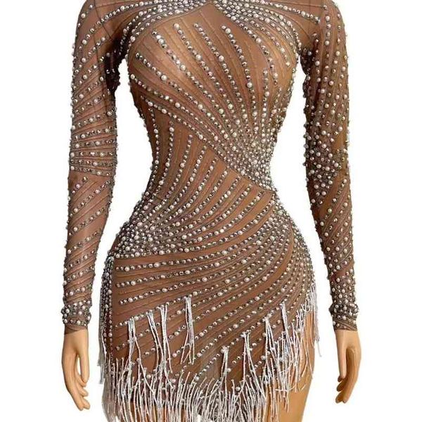

s pearls white fringe high neck mesh dress bar birthday celebrate dres dance outfit 210719, White;black