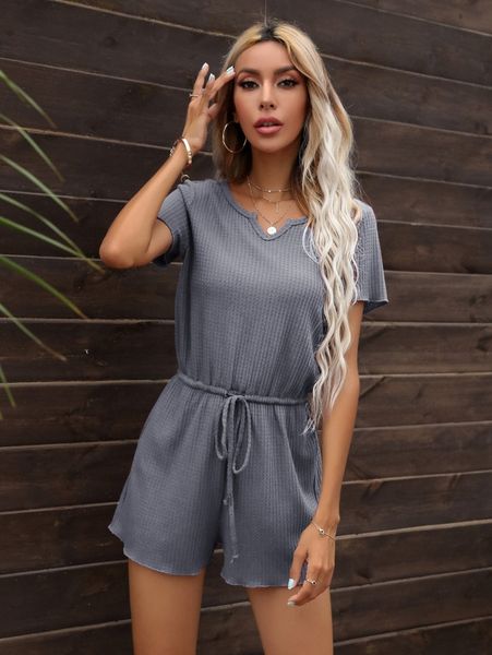 

dearcase notch neck tie waist waffle knit romper p8hj#, White