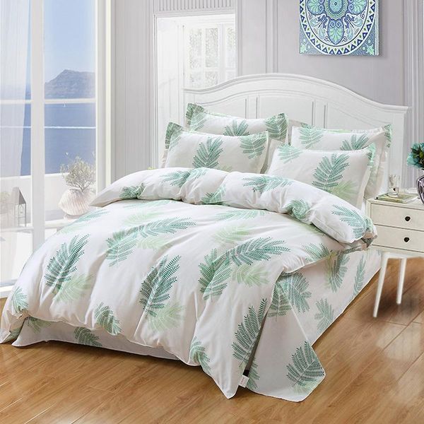 

100% cotton pastoral style plaid stripes geometric leaves pattern duvet cover bed sheet set green and white girl bedding set