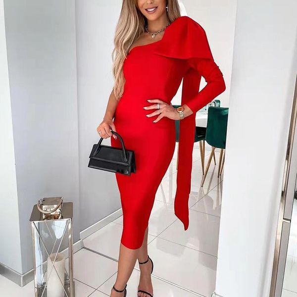 

casual dresses women elegant backless zipper solid dress spring autumn office lady midi one shoulder sleeve bodycon vestidos, Black;gray