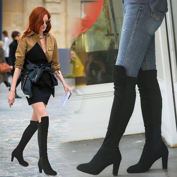 

boots coarse heel spelling color sharp skinny high elastic will code overknee woman force, Black