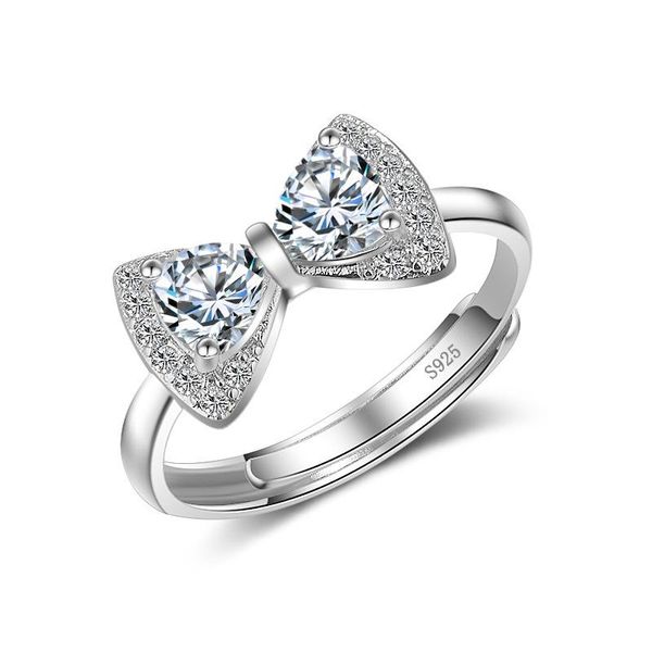 

wedding rings clear cz stone bowknot ring resizable big zircon rose gold color bow for women 925 sterling silver jewelry, Slivery;golden