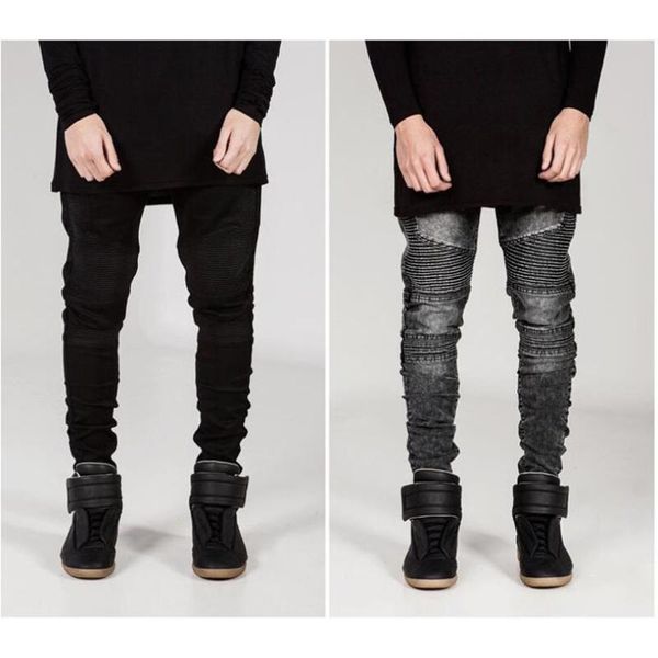 

men's pants trendy brand motorcycle stacked jeans men women wrinkled slim fit denim elastic pleated skinny jean trousers 2021 black