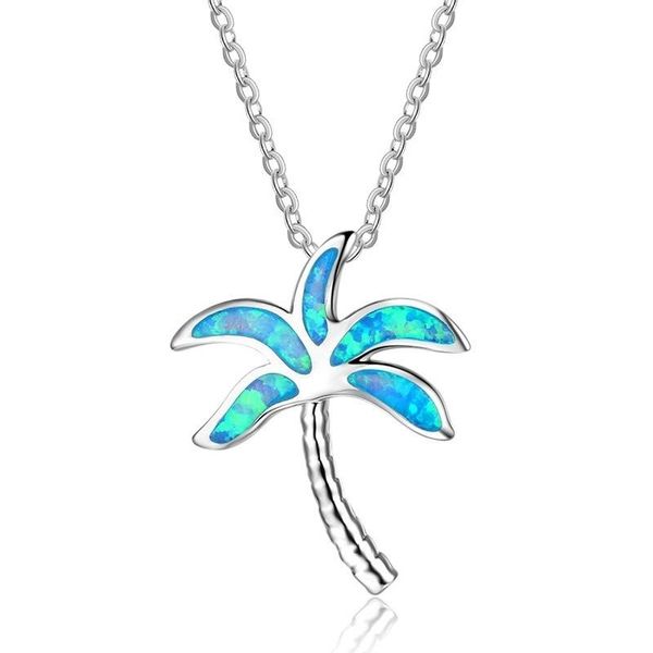 

pendant necklaces blue imitation opal choker necklace coconut tree plant pendants chain palm women ocean beach jewelry, Silver