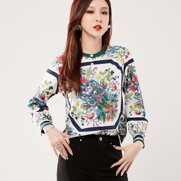 

blusas femininas 2021 fashion floral and blouses mujer autumn long sleeve femme shirts vintage print chiffon women women's &, White