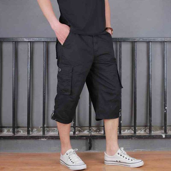 

summer mens baggy multi pocket zipper cargo shorts breeches male long army green khaki men tool work short bermuda big, Black