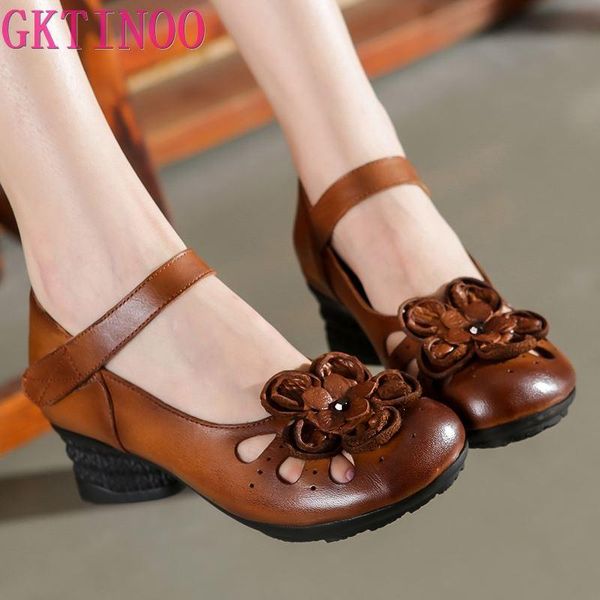 

dress shoes gktinoo 2021 spring women pumps retro flowers lady 5cm high heels slip on flower handmade genuine leather, Black