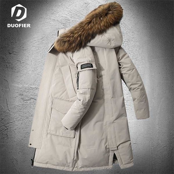 Piumino Moda uomo Abbigliamento da lavoro all'aperto Stile Piumino lungo Collo in pelliccia sintetica Spessore caldo Inverno Piumino bianco anatra 211216