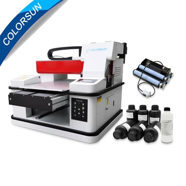 

printers colorsun automatic a3+ 33*60cm uv flatbed printer cmyk+w+v double xp600 printhead for phone case wood with cylinder